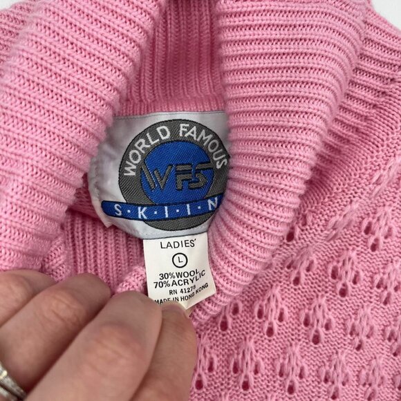 VTG World Famous Skiing Womens Turtleneck Knit Sweater Size L Wool Pink Barbie - Picture 5 of 7